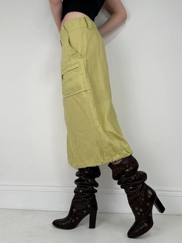 green Chartreuse 100% linen cargo grunge midi skirt