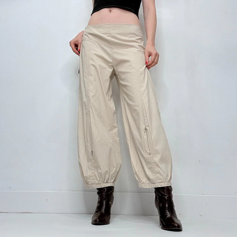 puff pleated barrel leg low rise trousers