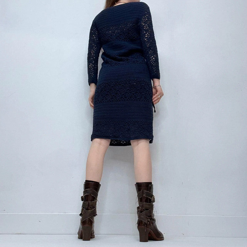 navy crochet long sleeve midi dress