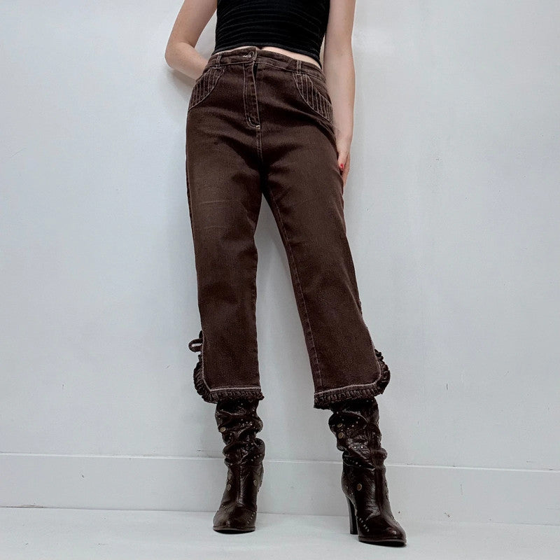 dark brown denim ruffle hem coquette capri pants