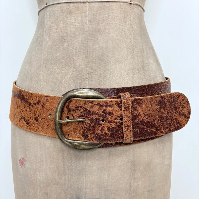 Distressed brown leather oversized thick belt