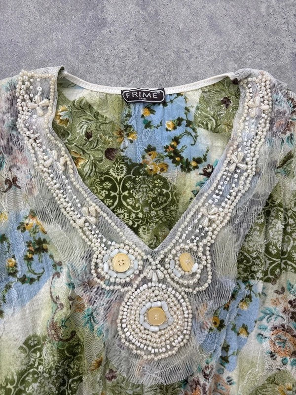 Mesh boho flare paisley print blouse t-shirt