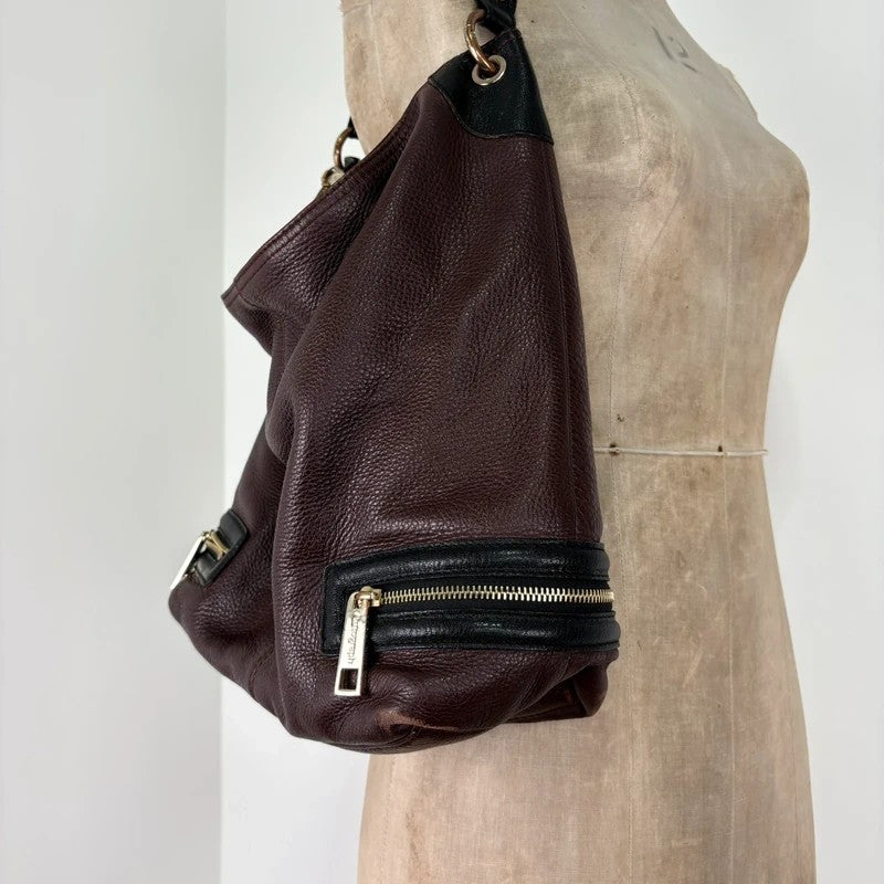 Leather slouchy zipper hobo shoulder bag