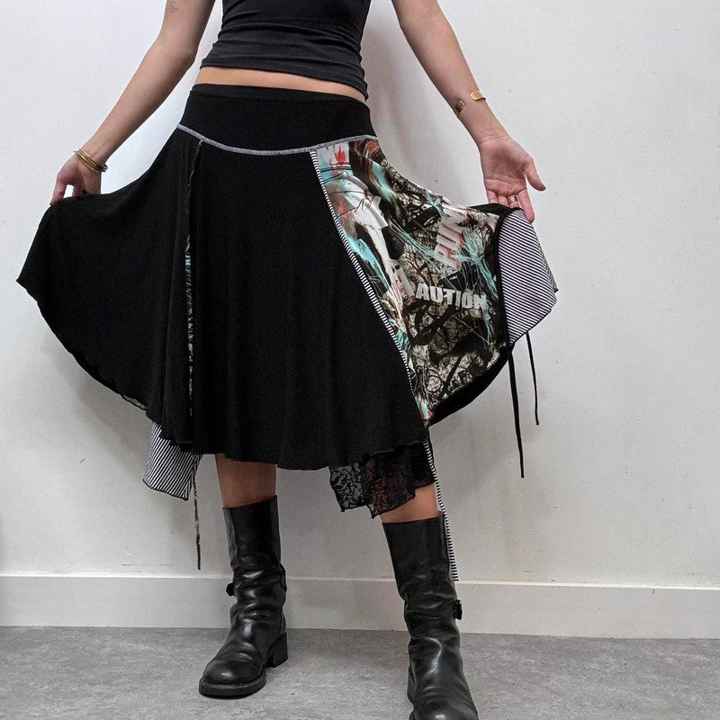 black pinstripe grunge asymmetric midi skirt