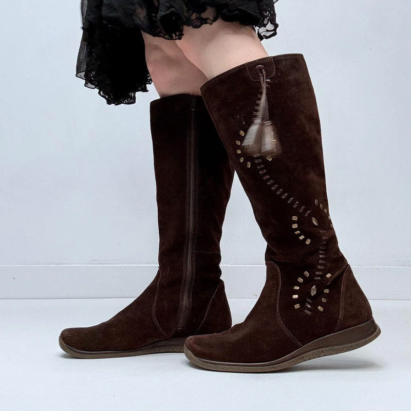 brown suede stitch hippy boots