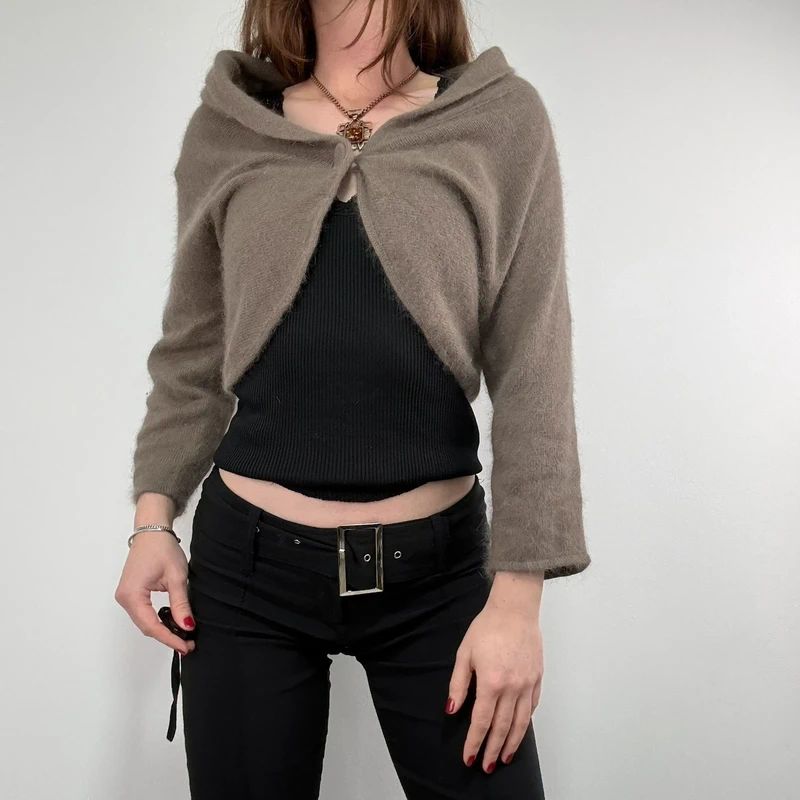 brown angora knit cropped slouchy cardigan