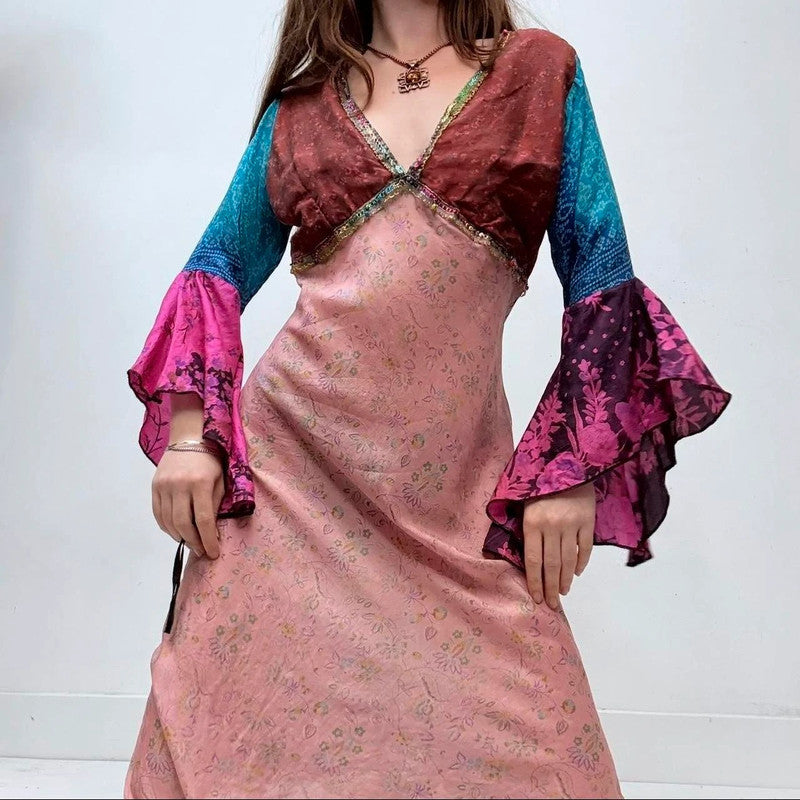 flared silk patchwork printed dress