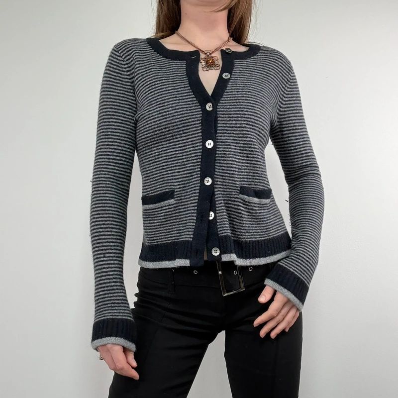 navy pinstripe button up cardigan crewneck