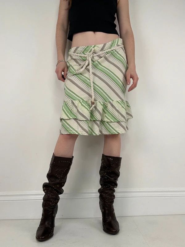 Pinstripe ruffle boho Y2K midi skirt