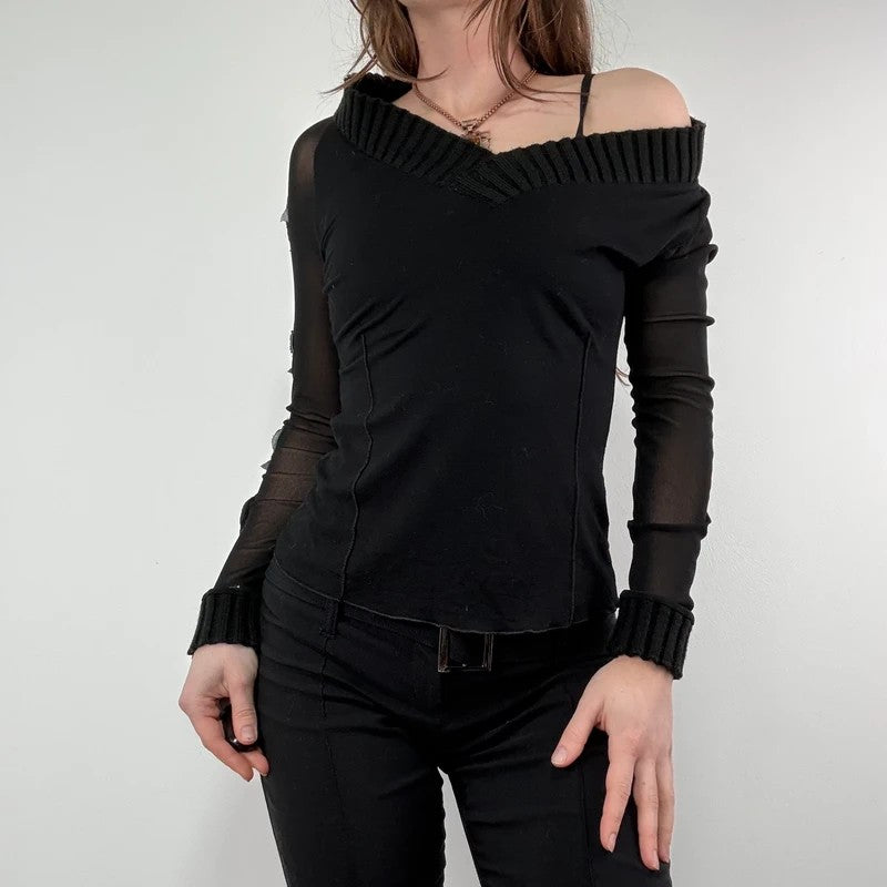 black layered mesh long sleeve slouchy rib top 2026