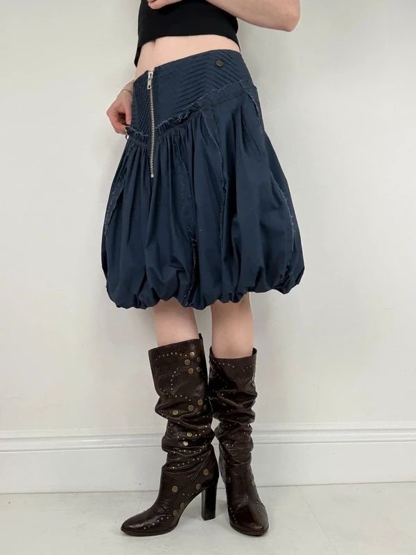 Puff parachute navy pleated midi flare skirt with zipper