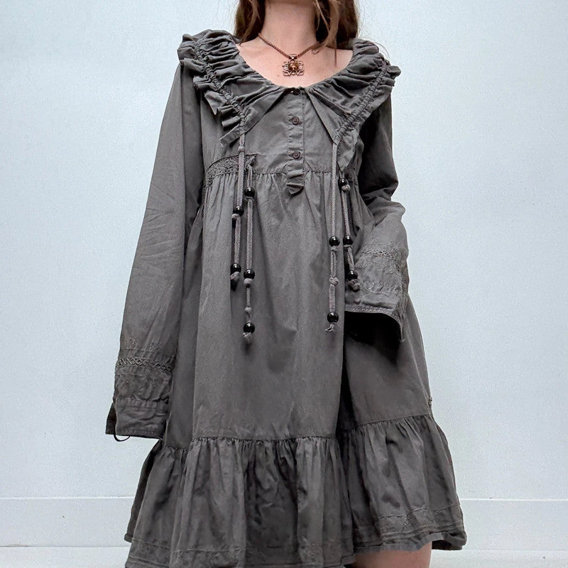 grey pleated puff shirt dress