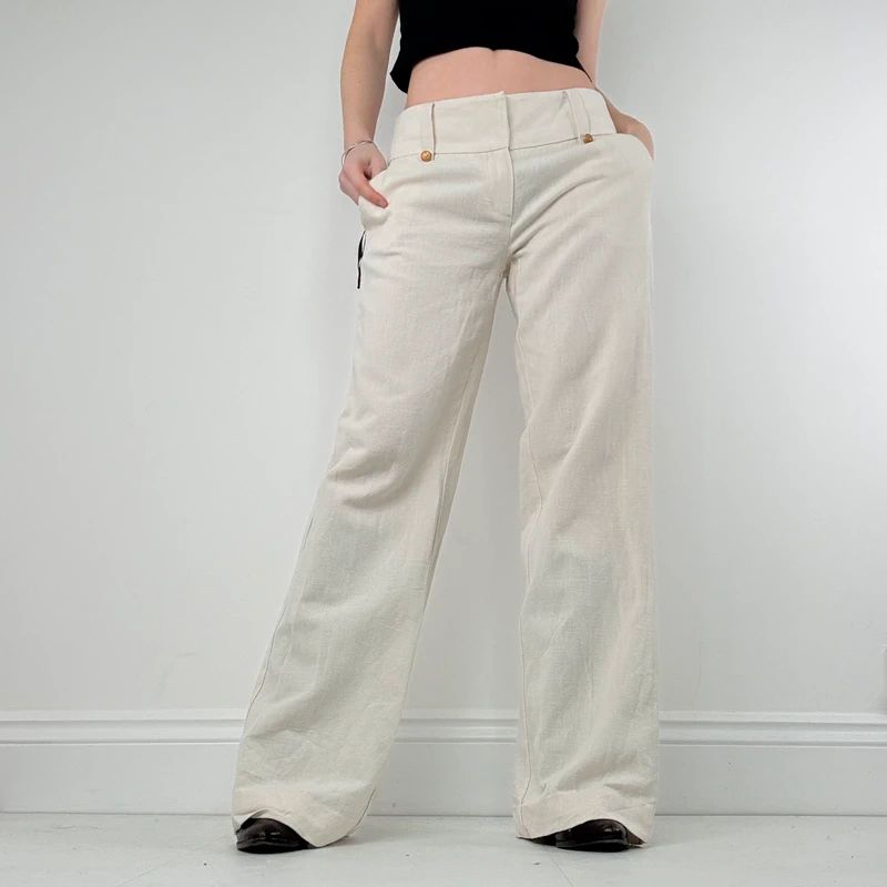 white flared wide leg thick waistband trousers