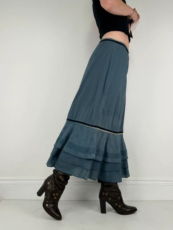 Blue cotton lace tiered maxi skirt