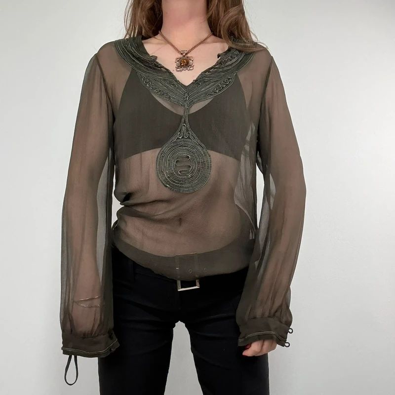 Antik Batik khaki sheer silk blouse