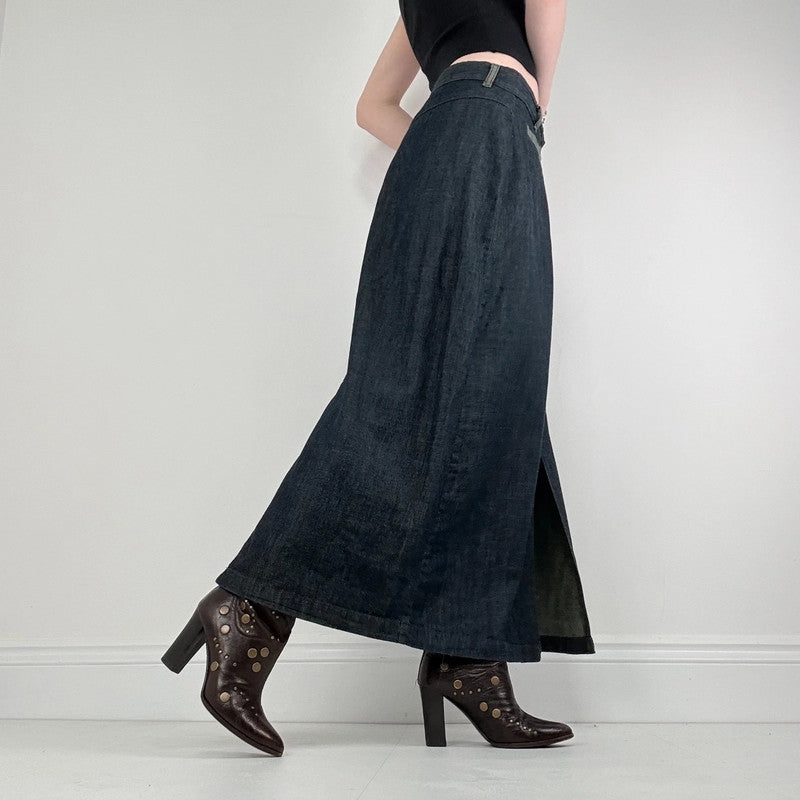 dark denim flared maxi skirt