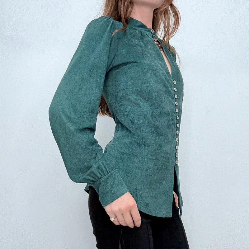 green fitted button flared shirt