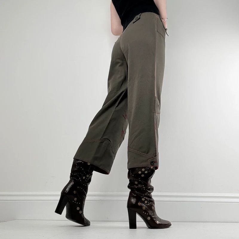 khaki cropped embroidered wide-leg trousers