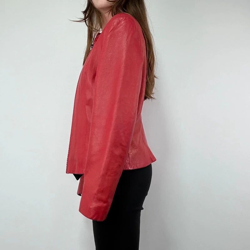 Red Studded Leather zip Jacket
