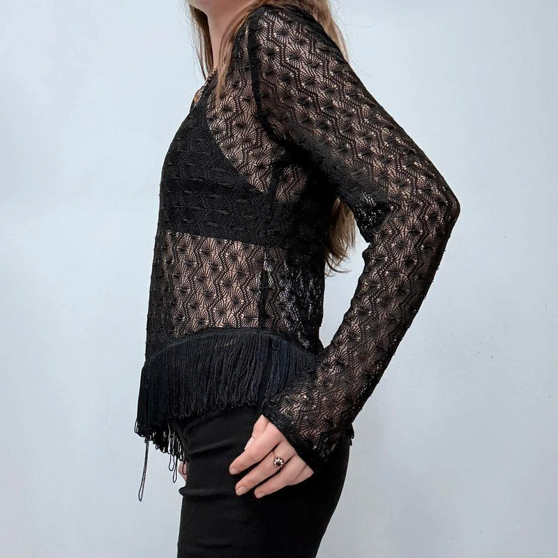 black sheer crochet lace tassel top