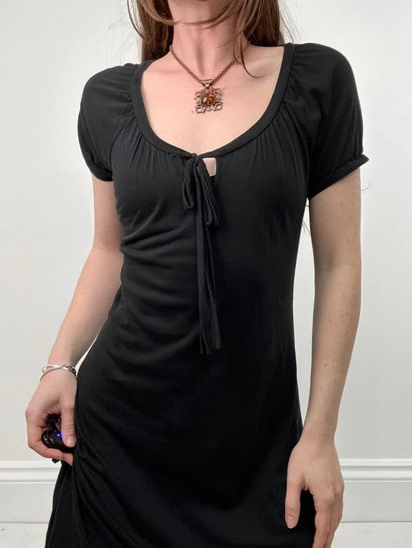 slouchy black bow neck mini dress