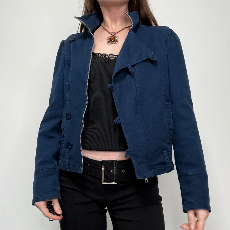 blue asymmetric button military jacket