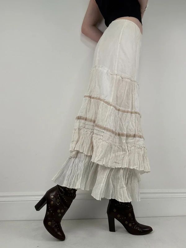 white pleated flared boho fairy maxi skirt