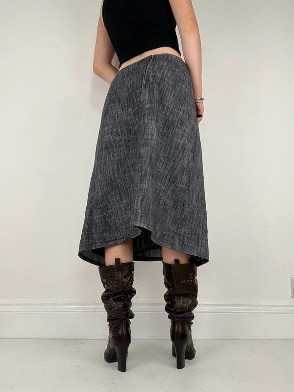 Pleated buckle front denim grunge midi skirt