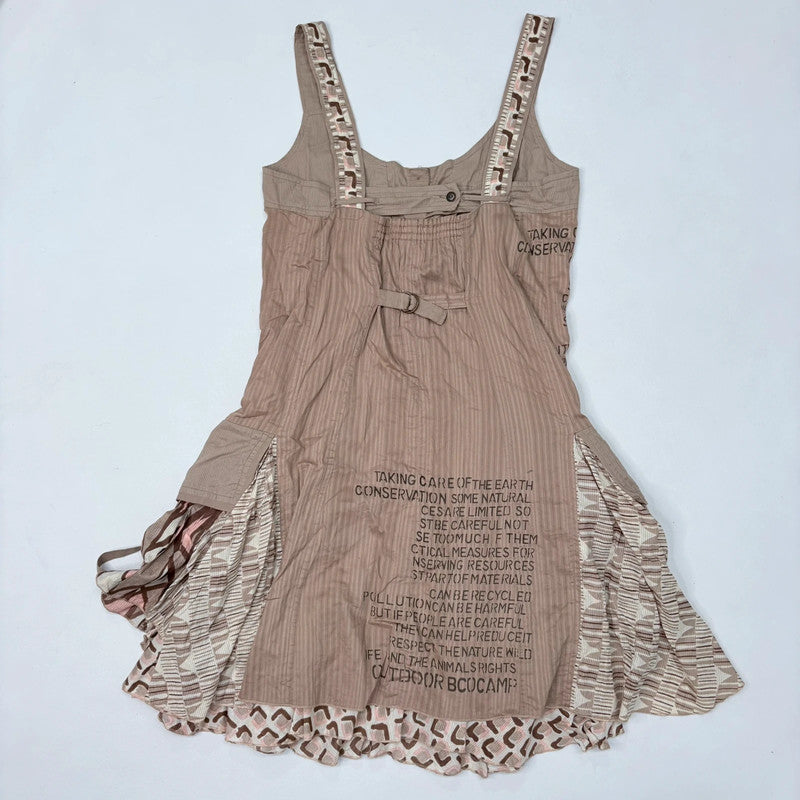 brown flared pinstriped patchwork grunge dress