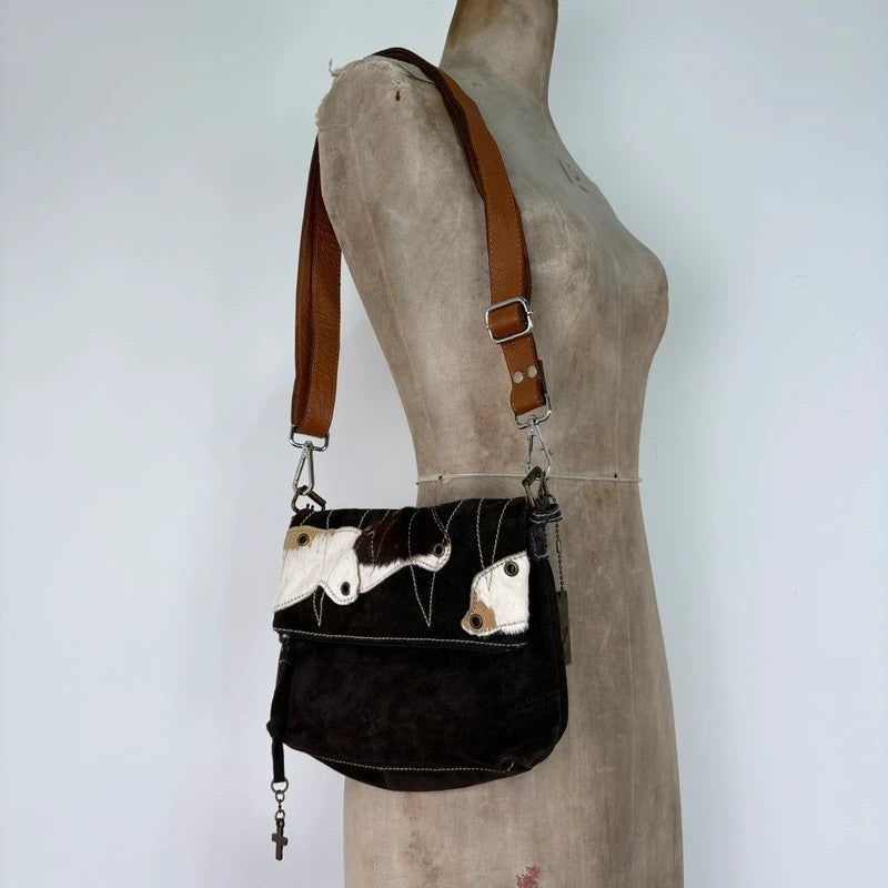 brown suede cowhide leather patchwork bag
