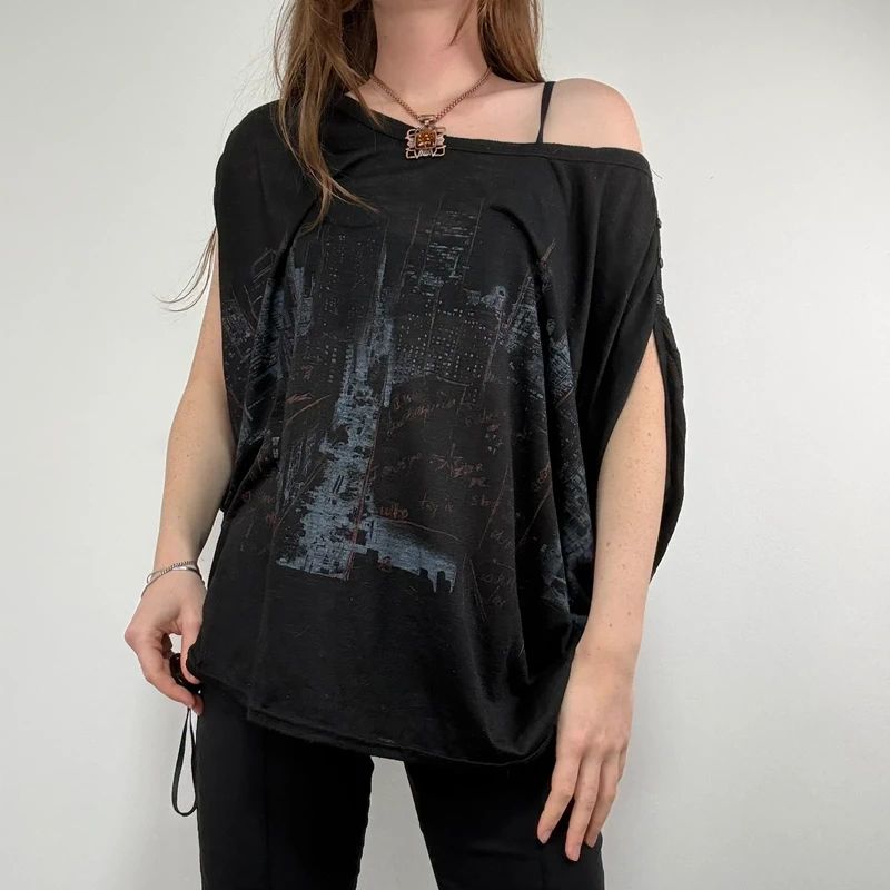 black graphic slouchy off the shoulder t-shirt