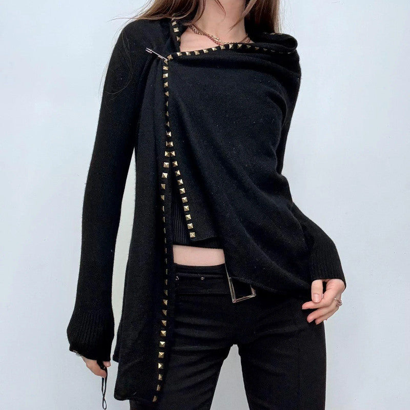 studded asymmetric black drape cardigan