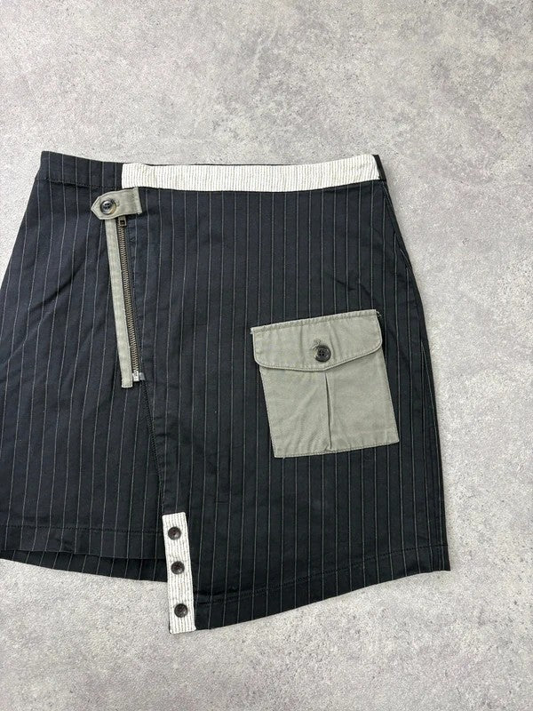 asymmetric deconstructed black pinstripe midi skirt