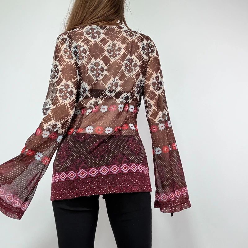 graphic printed boho western flared mesh shirt
