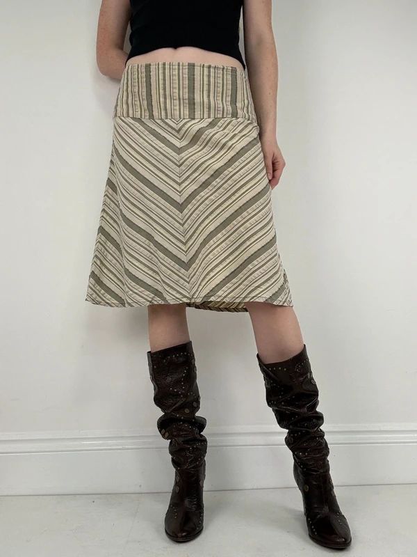 khaki striped chevron pinstripe midi a-line skirt