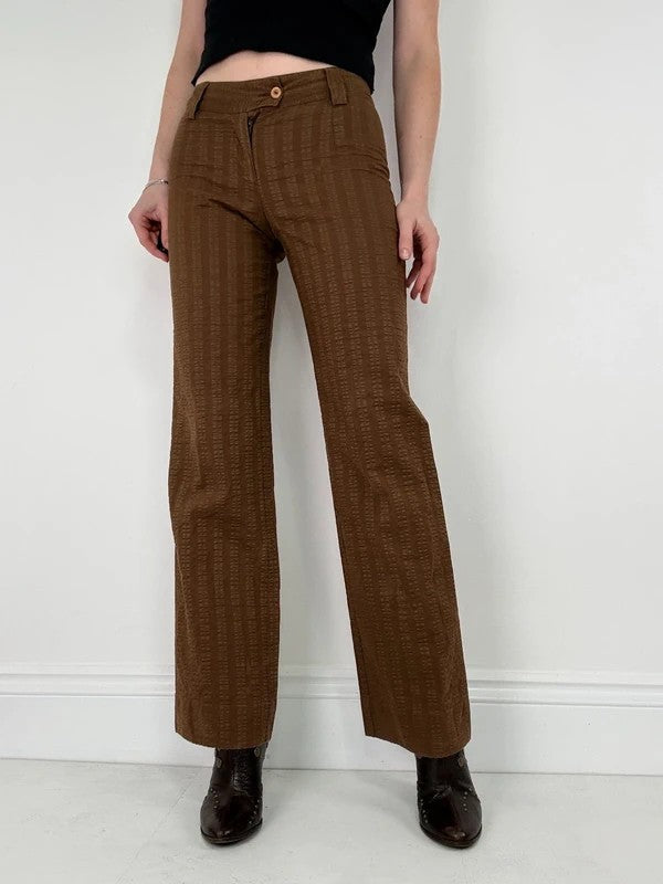 brown pinstripe wide-leg textured flare trousers