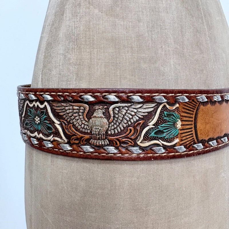 Western engraved brown leather boho belt