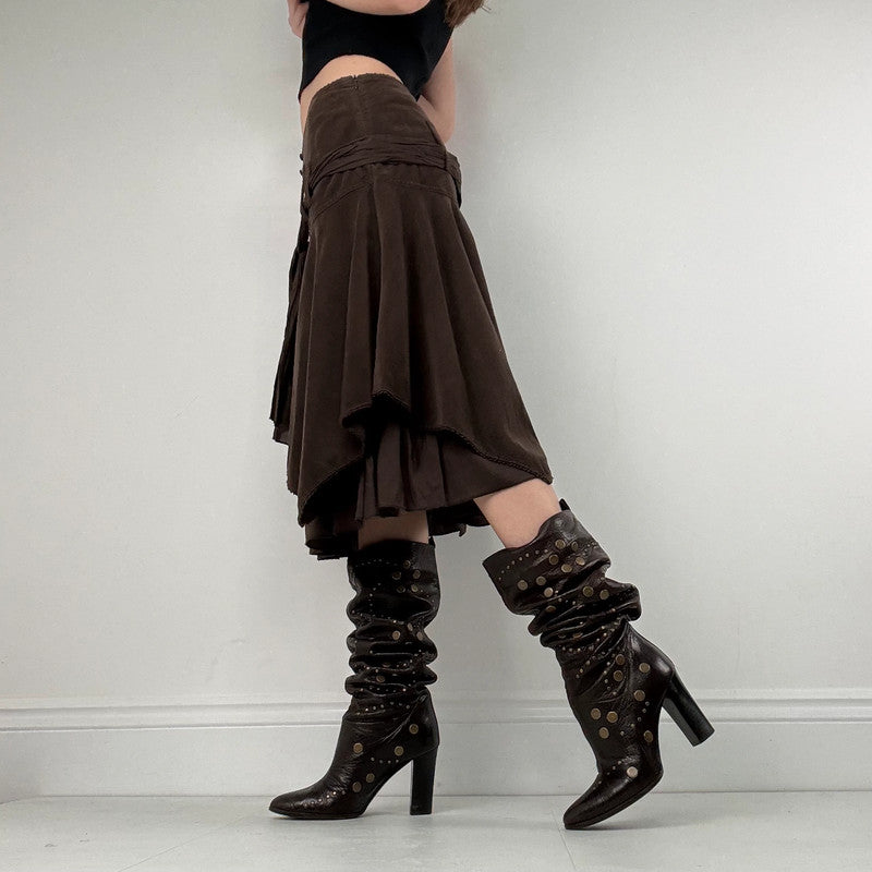 brown layered pleated midi skirt