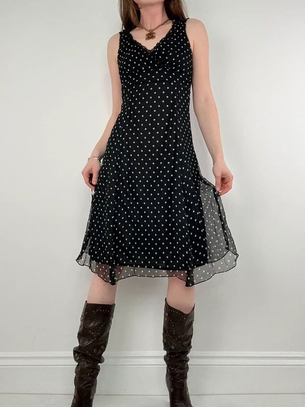 silk black and white polkadot slip dress