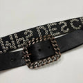 black leather studded spellout belt