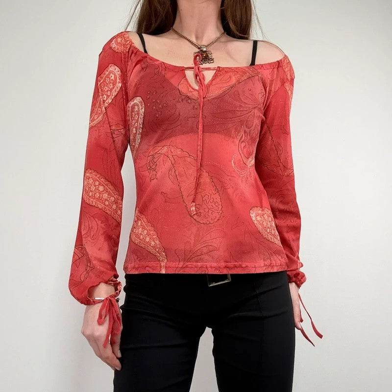 sheer paisley slouchy off-the-shoulder mesh blouse