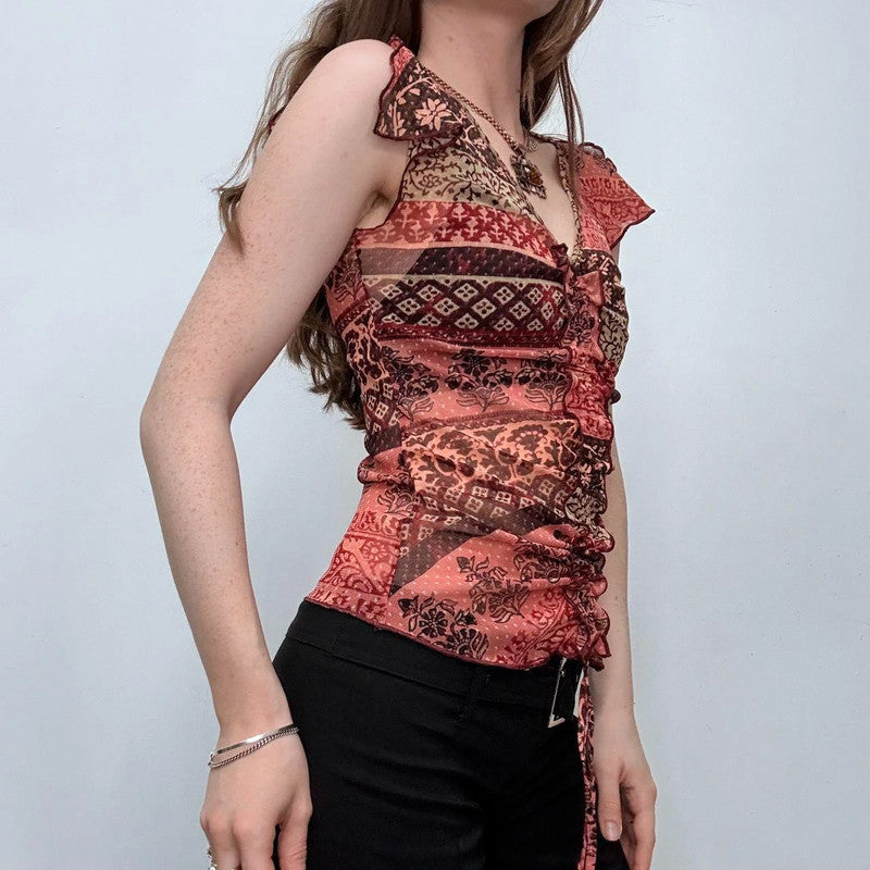 sheer gathered patchwork mesh vest