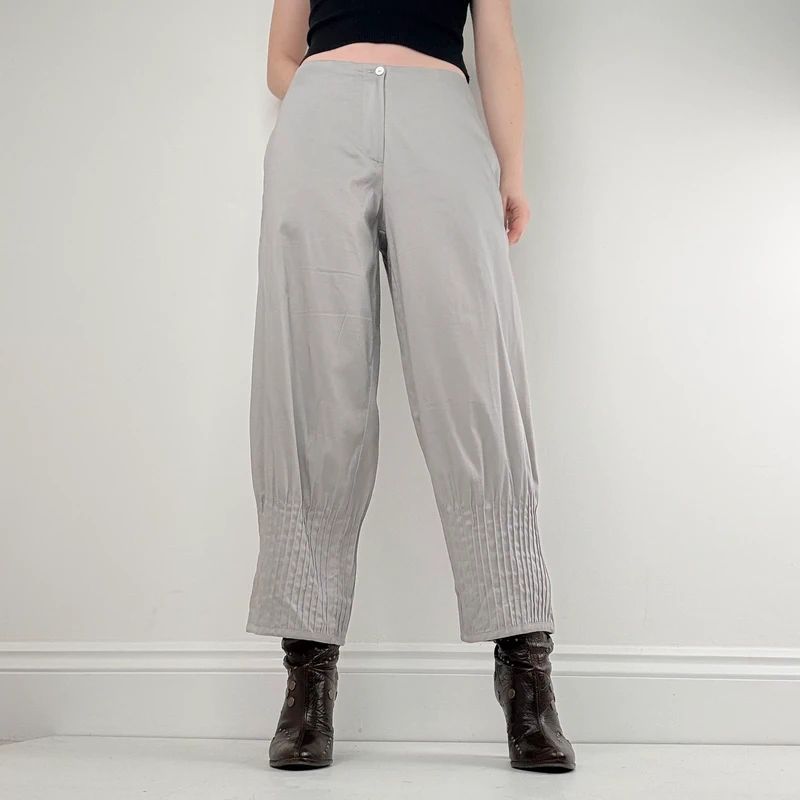 grey pleated puff barrel trousers