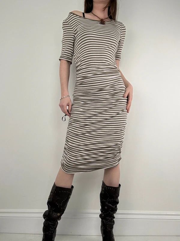 khaki striped gathered cinched midi dress