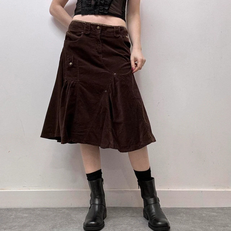 brown cord cargo midi skirt