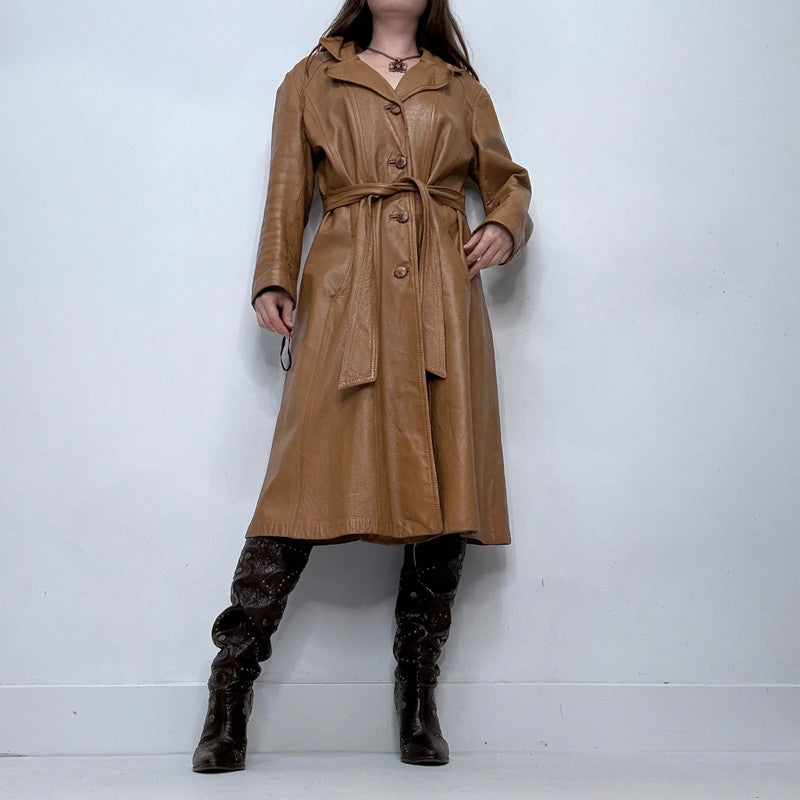 tan leather long trench coat