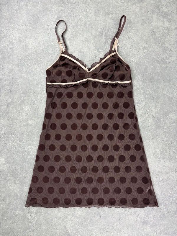 brown polkadot sheer mini slip dress