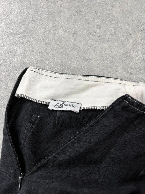 black linen high-waisted stitched flare maxi skirt