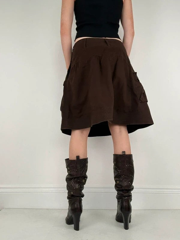 pleated brown cotton thick waistband drop waist puff midi skirt