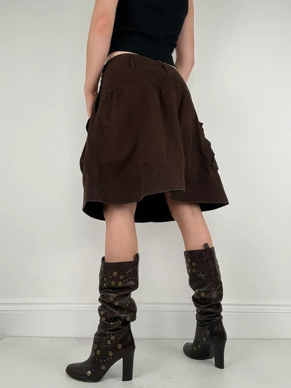 pleated brown cotton thick waistband drop waist puff midi skirt